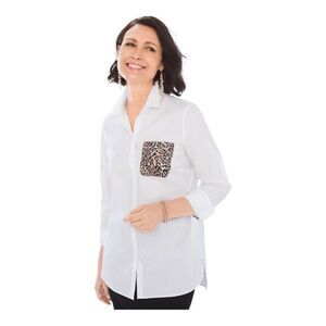 Chico's No Iron Animal Pocket Long Sleeve Button Down Shirt Tops White 1